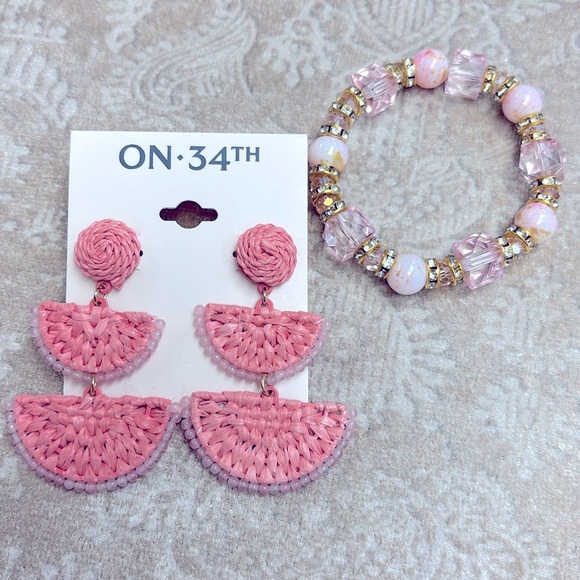 Brand New On 34th Woven Coral Pink Drop Earrings & Beaded Rhinestone Bracelet - Picture 13 of 13